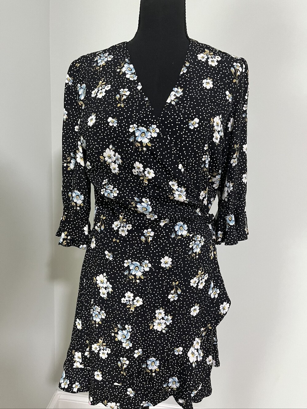 Black Floral Wrap Dress with Blue and White Blooms